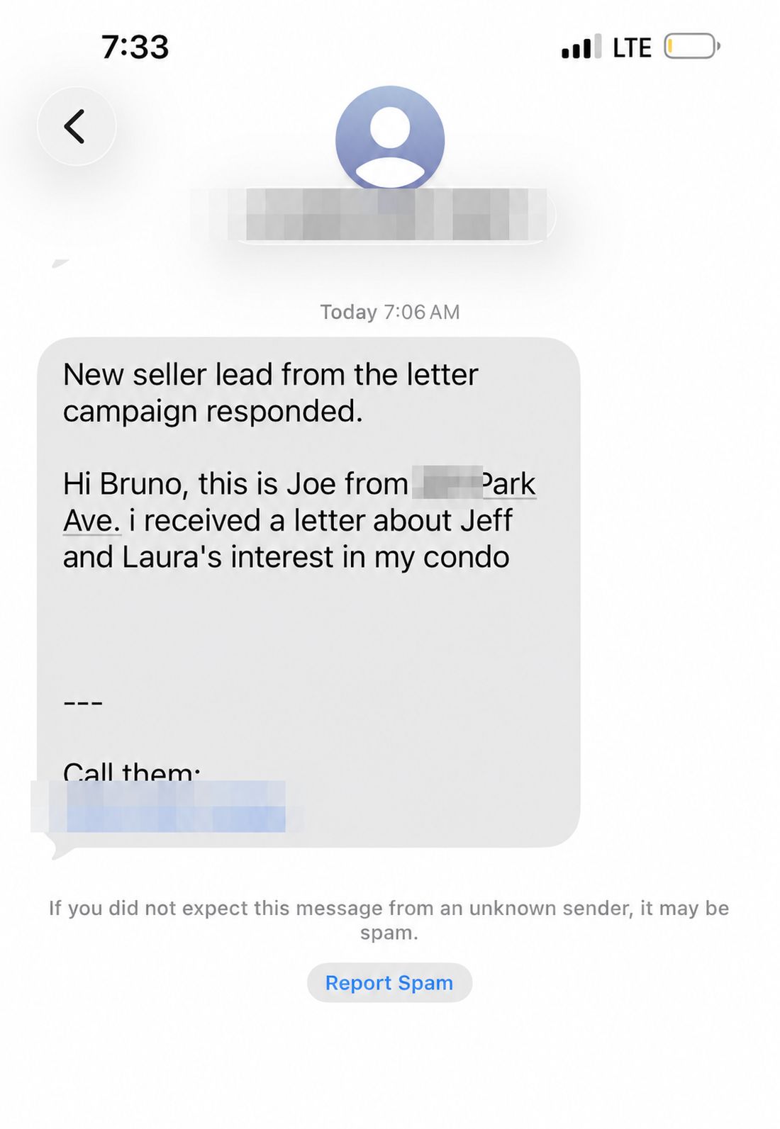 Homeowner reply: "I received a letter about Jeff and Laura's interest in my condo"